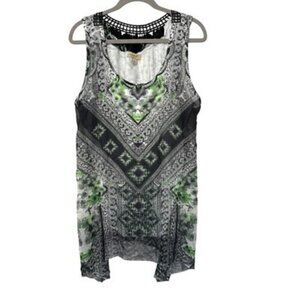 One World Womens Sleeveless Tunic Top XL Green/Black Paisley Print